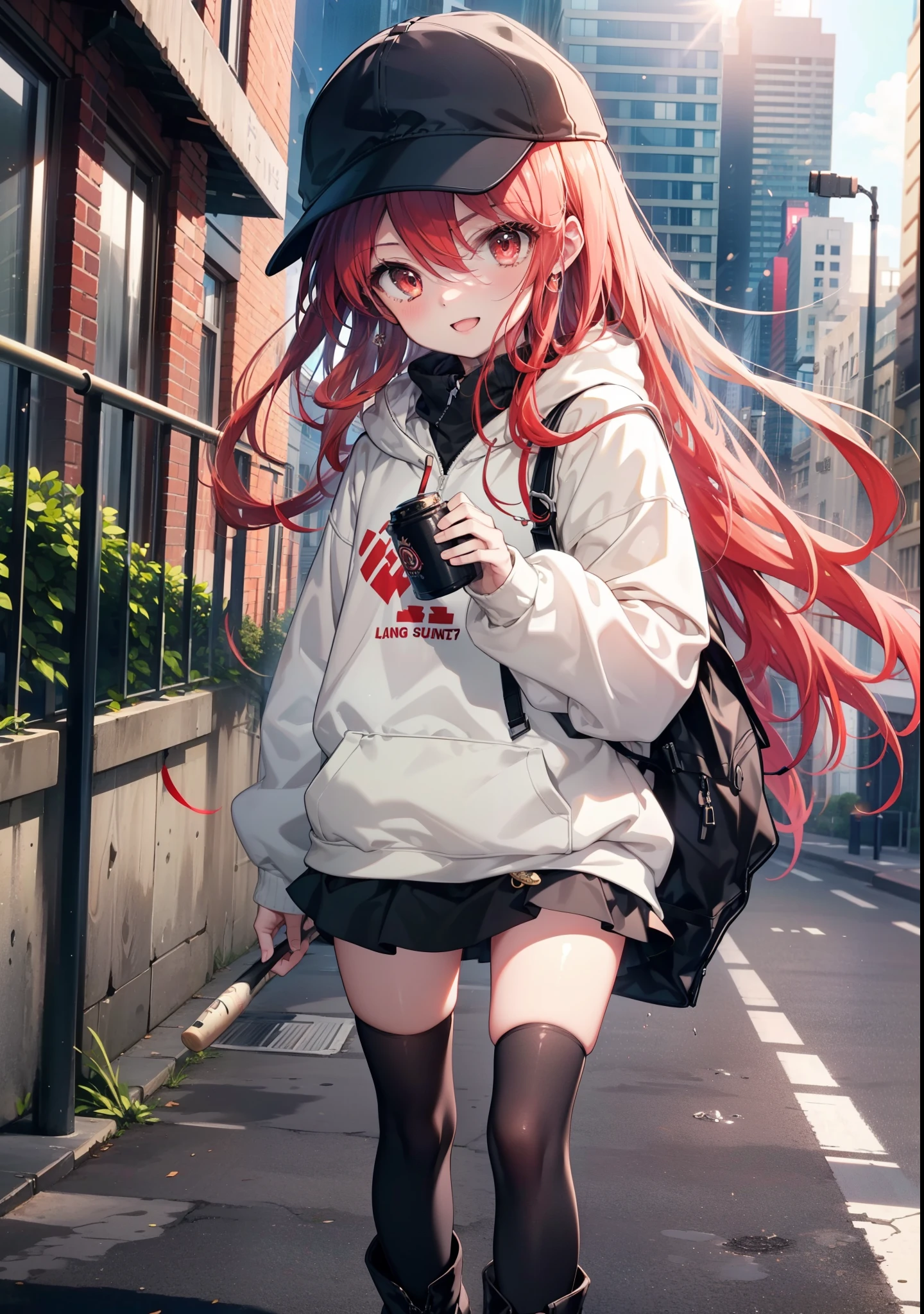 Shana,灼眼のShana,Long Hair, Redhead, Red eyes,happy smile, smile, Open your mouth,Oversized red hoodie,Baseball hats,mini skirt,black tights,short boots,Walking,morning陽,morning,The sun is rising,whole bodyがイラストに入るように, 　　　　　　　break outdoors, Building district, 　　　　　　　　　　　break looking at viewer, whole body, 　　　　　　　　break (masterpiece:1.2), Highest quality, High resolution, unity 8k wallpaper, (shape:0.8), (Beautiful attention to detail:1.6), Highly detailed face, Perfect lighting, Highly detailed CG, (Perfect hands, Perfect Anatomy),