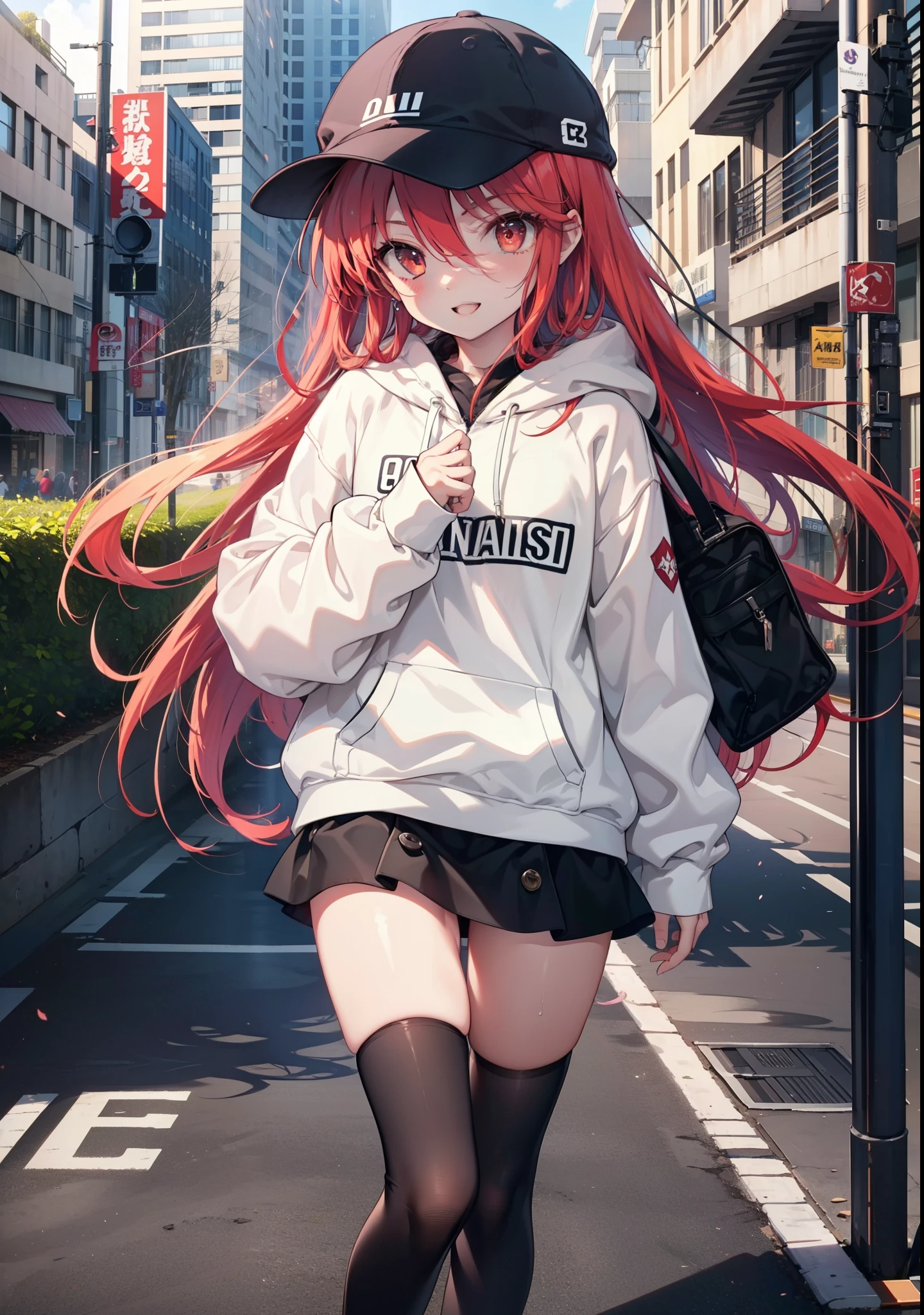 Shana,灼眼のShana,Long Hair, Redhead, Red eyes,happy smile, smile, Open your mouth,Oversized red hoodie,Baseball hats,mini skirt,black tights,short boots,Walking,morning陽,morning,The sun is rising,whole bodyがイラストに入るように, break outdoors, Building district, break looking at viewer, whole body, break (masterpiece:1.2), Highest quality, High resolution, unity 8k wallpaper, (shape:0.8), (Beautiful attention to detail:1.6), Highly detailed face, Perfect lighting, Highly detailed CG, (Perfect hands, Perfect Anatomy),