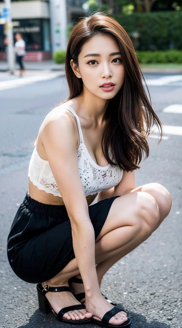 Dark brown hair、Light brown eyes、Japanese actress、 Lady、I am about 40 years old..、(Intricate details:1.2)、(Which one is on top??:1.4)、 (Ultra-high resolution:1.2)、Ultra-high resolution、(Fine-tune)、(Detailed facial features)、Hmph、8k resolution、D cup size breasts、Long Hair、1 girl, A look of deep sadness, (Very detailed美しい顔), (blackのカットソーキャミソール:1.5),black Close-fitting shorts、 (Exposing shoulders:1.3), (Highest quality:1.4), (Very detailed)、Beautiful white skin, Top view、 Spread your legs wide, Please open your mouth a little、Visible legs、Pose of Weakness、Obscene pose、Street fashion、Very sandals、