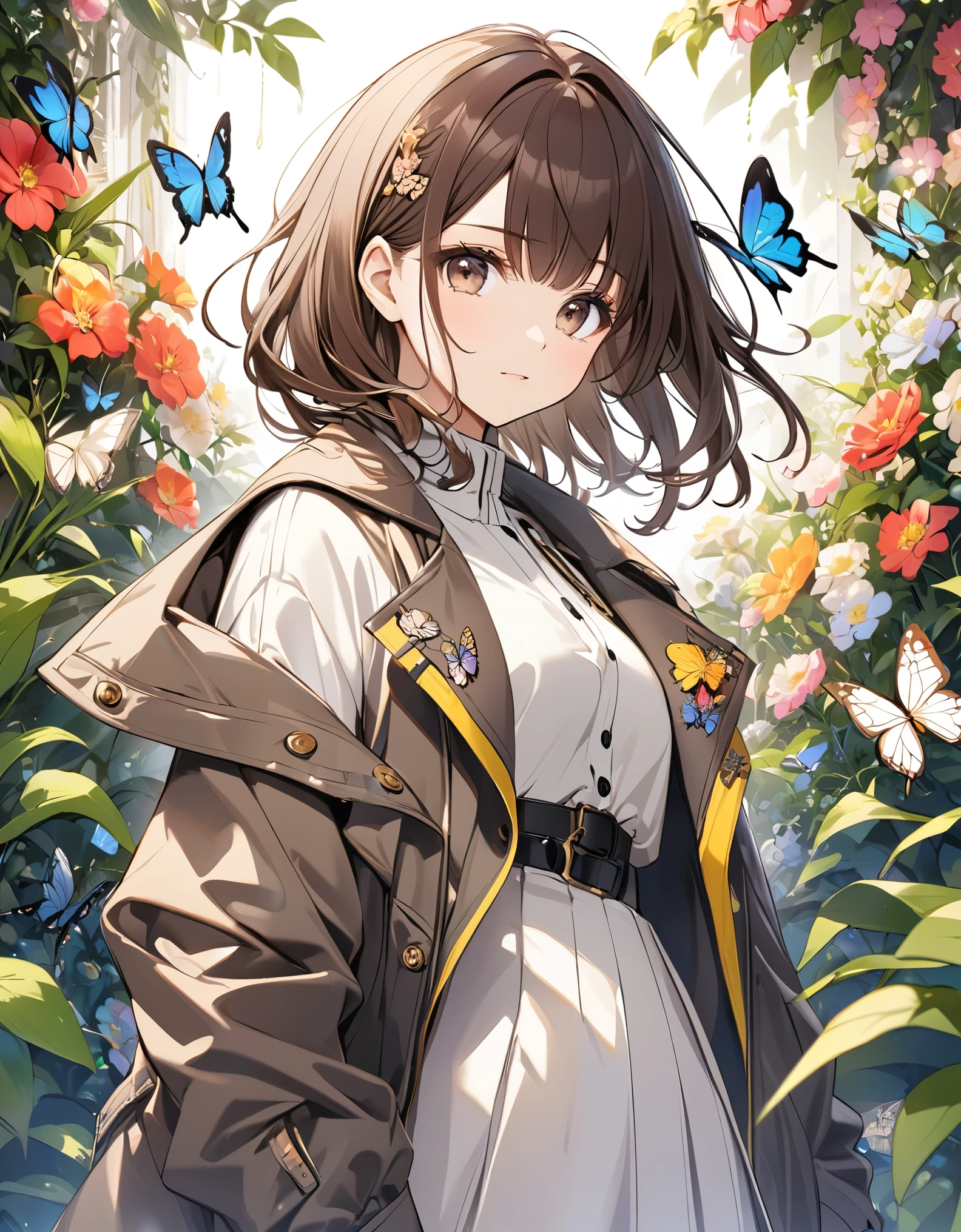 Butterflies are flying、Facing at an angle、1girl, dark brown hair, stylish, stylish code, large jacket, flower gaden