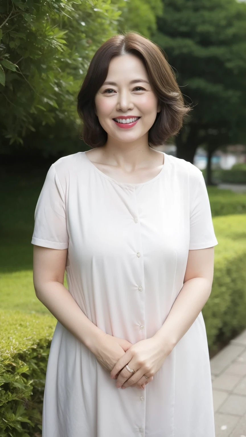 Standing in the park, Wrinkles around the eyes, Smiling with teeth showing, Plain short-sleeved clothing, senior citizen, Draw lips correctly, Red lipstick, No discomfort, 16K, Highest quality, Very detailed, Realistic, Very detailed肌, (Japanese), (alone), 100 years old, Large Breasts, , Glamour, sexy, Chromo White Skin, Staring straight ahead,