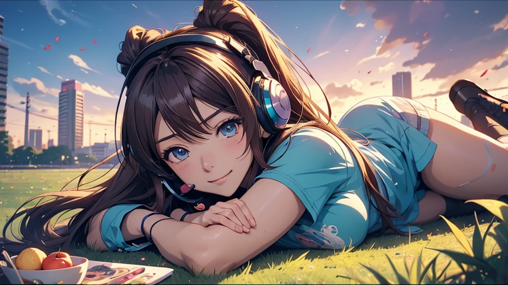 Woman wearing headphones, Anime Style 4 k, anime wallpaper 4k, anime wallpaper 4k, 4k anime wallpaper, anime art wallpaper 4k, anime art wallpaper 4k, Anime Style. 8k, Anime atmosphere, , Ultra HD Anime Wallpaper, Anime Art Wallpaper 8K, Anime Background,landscape、grassland、Lying down、Meadow、picnic
