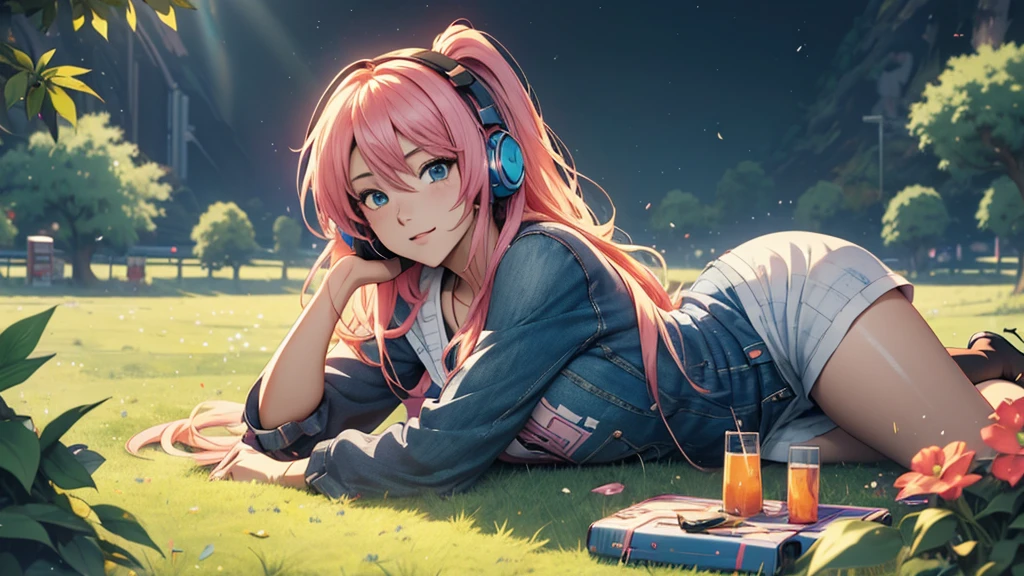 Woman wearing headphones, Anime Style 4 k, anime wallpaper 4k, anime wallpaper 4k, 4k anime wallpaper, anime art wallpaper 4k, anime art wallpaper 4k, Anime Style. 8k, Anime atmosphere, , Ultra HD Anime Wallpaper, Anime Art Wallpaper 8K, Anime Background,landscape、grassland、Lying down、Meadow、picnic