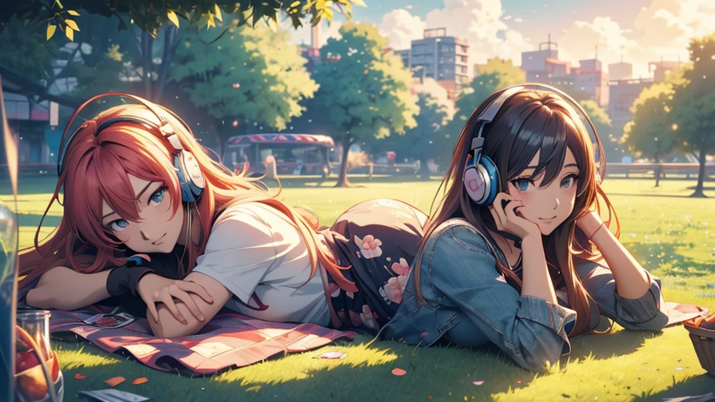 Woman wearing headphones, Anime Style 4 k, anime wallpaper 4k, anime wallpaper 4k, 4k anime wallpaper, anime art wallpaper 4k, anime art wallpaper 4k, Anime Style. 8k, Anime atmosphere, , Ultra HD Anime Wallpaper, Anime Art Wallpaper 8K, Anime Background,landscape、grassland、Lying down、Meadow、picnic