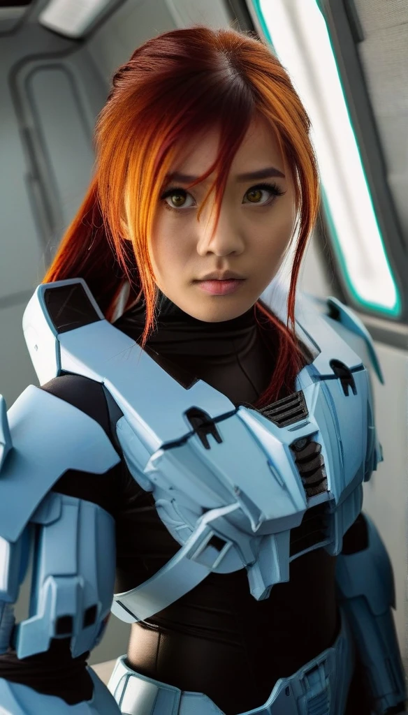 1 Girl、((glowing eyes, red eyes)), Medium Bust、solo、red Hair、Braid、Mobile Race Suit、Shoulder Armor、ceiling、Wide Shot、Looking Ahead、zipup suit 、Closed Mouth、Highest quality、medium quality、22 years old、Mobile Trace System、cockpit、Asian、CyborgCosplay
