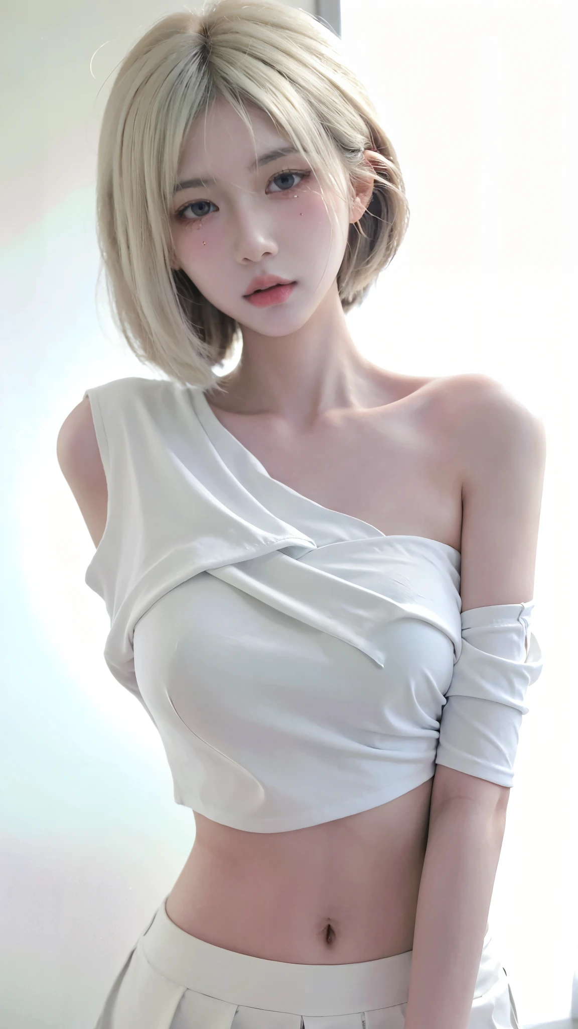 Beautiful woman with perfect figure:1.4,Ultra-high resolution,White background,(lifelike:1.4),Layered Hairstyle,White skin,Bikini:1.5,Super short pleated skirt,whole body,Very delicate face and skin texture,Double eyelids,Skin Whitening,short hair,White hair