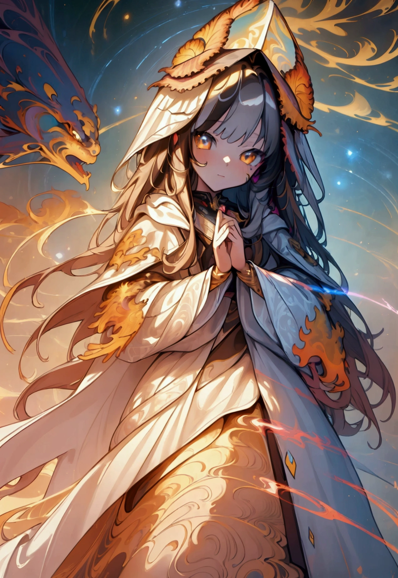 (masterpiece, top quality, best quality, official art, beautiful and aesthetic:1.2), (1girl), extreme detailed eyes, (fractal art:1.3), colorful, highest detailed, (perfect face), shiny skin, HDR, (white cloak golden lines:1.2), galaxy, (light streaks), striking visuals, (dynamic streaks, luminous trails:1.2), vibrant colors, (phoenix), (dragon)