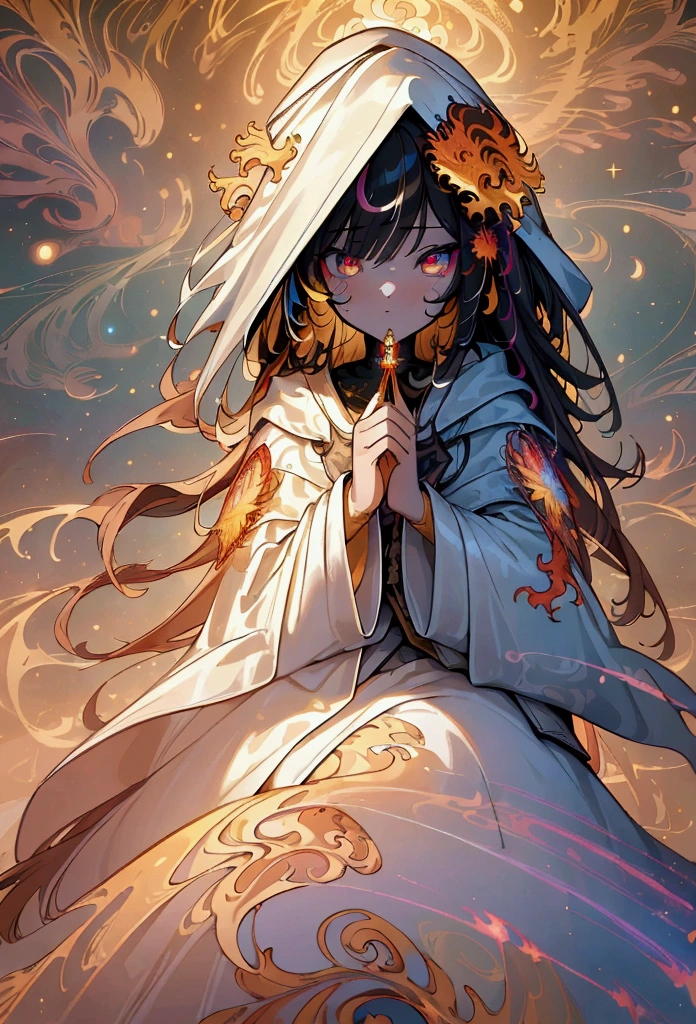 (masterpiece, top quality, best quality, official art, beautiful and aesthetic:1.2), (1girl), extreme detailed eyes, (fractal art:1.3), colorful, highest detailed, (perfect face), shiny skin, HDR, (white cloak golden lines:1.2), galaxy, (light streaks), striking visuals, (dynamic streaks, luminous trails:1.2), vibrant colors, (phoenix), (dragon)