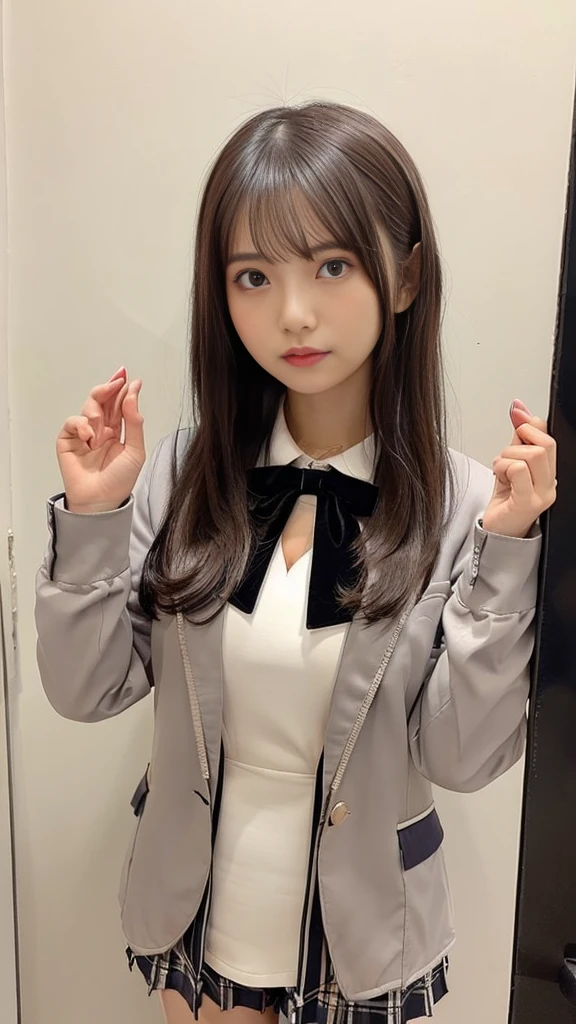 Aria, One girl, alone, Long Hair, (perfect face,droppy big eyes,symmetrical eyes:1.35), Ahoge, bow, View the viewer, 赤いbow, Suit jacket, bow tie, Long sleeve, chest, shirt, Open jacket, Cowboy Shot, Open clothes, stripe, wear, Grey jacket, 中くらいのchest,cleavage, Pleated dress, nakedshirt branca, Hair between the eyes, White jacket, Raise your hand, blazer, (Black panty, cameltoe,NSFW:1.05)