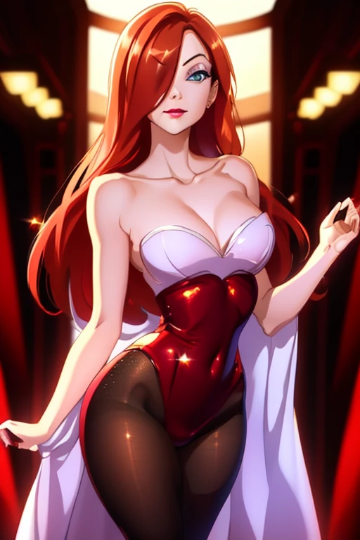 high quality,ultra quality 8k, Ultra 4K,Masterpiece, Orange hair, a tall woman, wide , One eye is hidden by hair, dark purple eyeshadow , Red lipstick, Detailed photos, beauty, attractive body, perfect anatomy of the human body, Jessica rabbit, correct anatomy Bodysuits, Bright red long dress, Dresses with slits up to the waist, Sparkly red sequin dress, Perfect facial balance, long eyelashes, sexy eyebrows, side glance, wide shoulders, Proudly stand up straight, big breasts hands on waist, Soft and sexy look, pantyhose crotch, background is a black and white movie set.