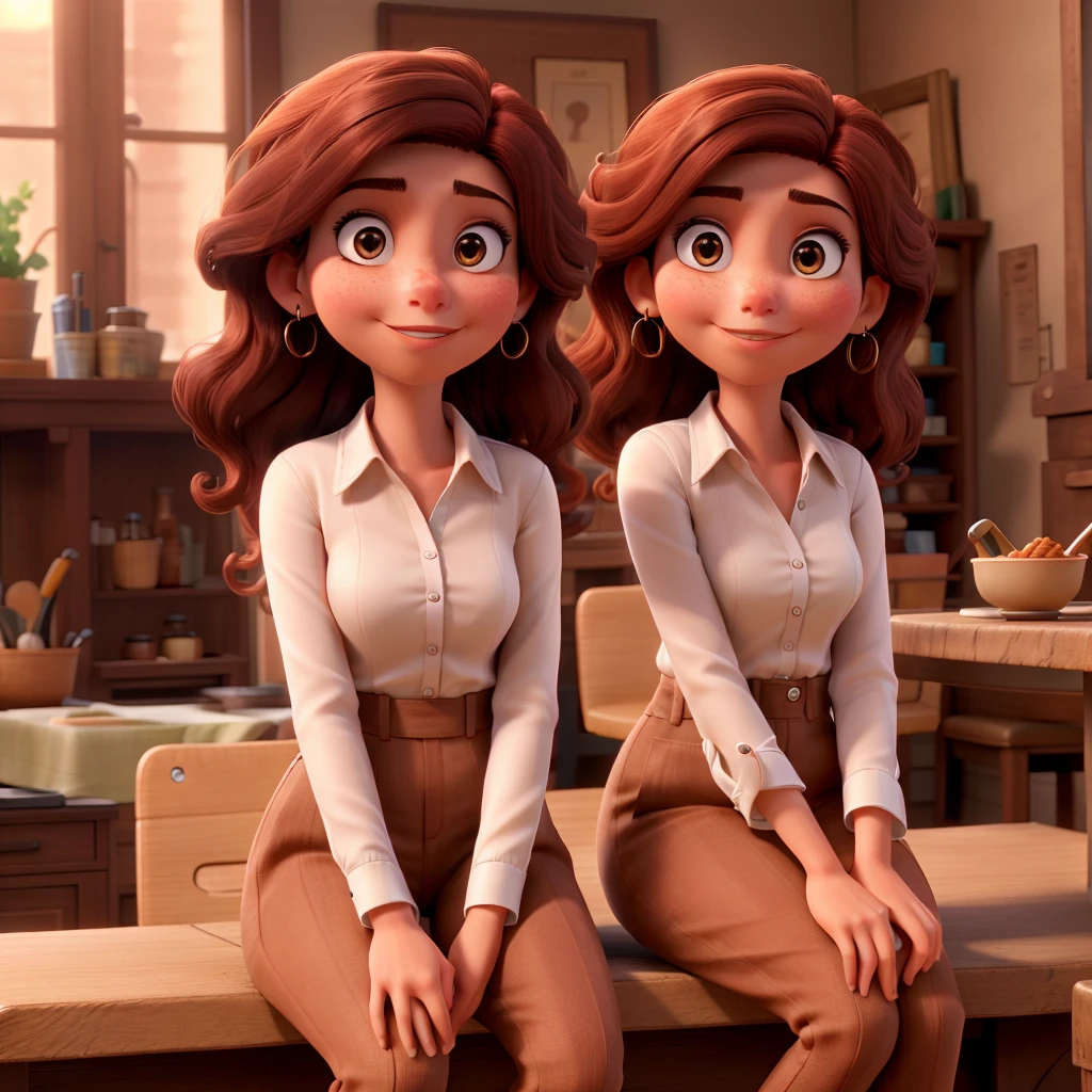Marsala hair woman, brown dark eyes, sitting, looking forward with hand raised, with a white blouse written "rose" not Disney Pixar style, high qualiy, best qualityer