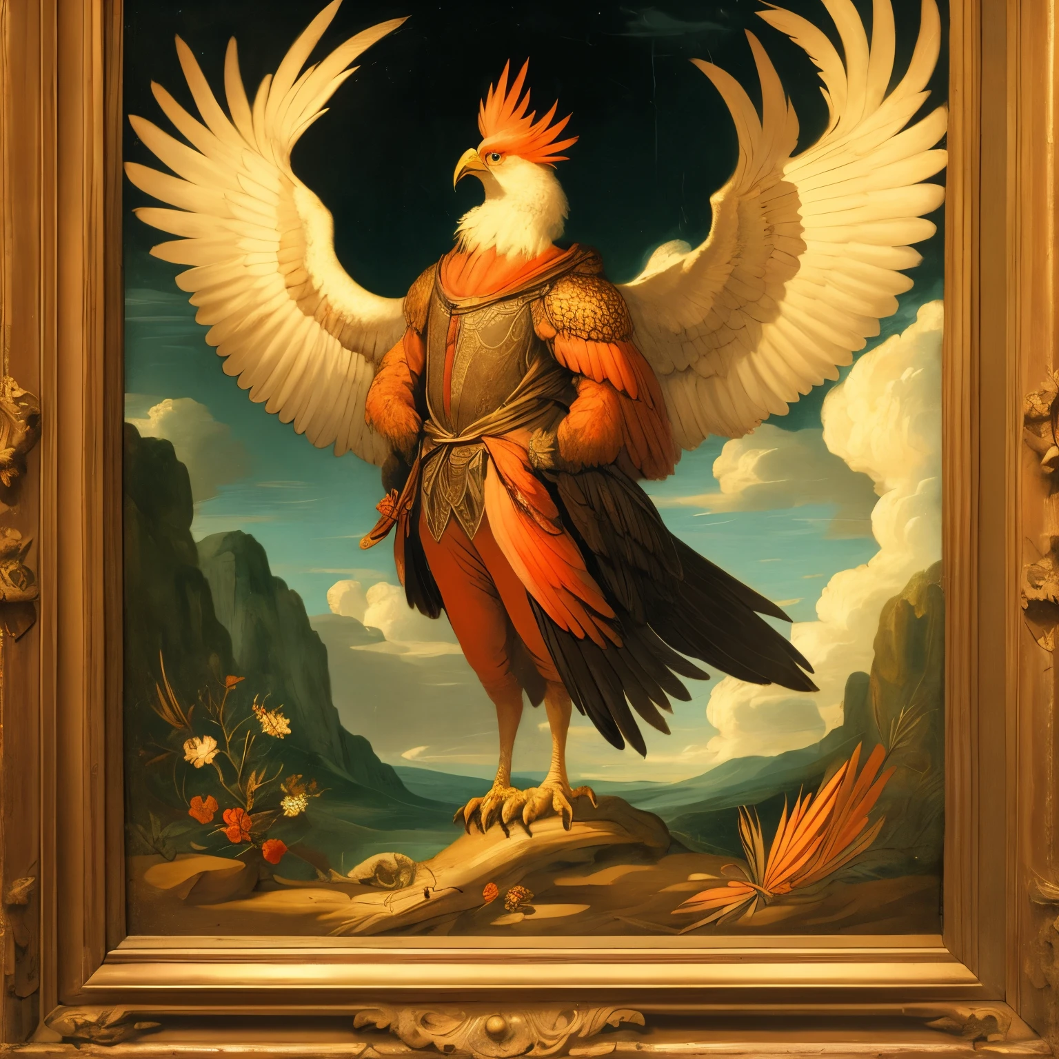 renaissance art, old painting, faded colors, anthropomorphic bird, phoenix, large wings, red feathers, talon feet, fire, savanna