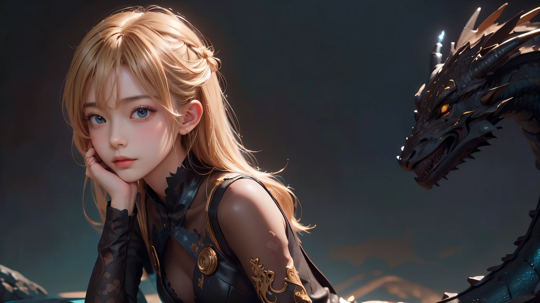 Polychrome,, night, dark, blonde, Show Viewer, In-person audience, Limited Edition Palette, Dragon Background, Shine,(Highly detailed CG Unity 8k wallpaper),(masterpiece), (Highest quality), (Vaporwave Style), (Super detailed), (Best illustrations),(Best Shadow),Perfect lighting , Perfect Anatomy , Vibrant colors、