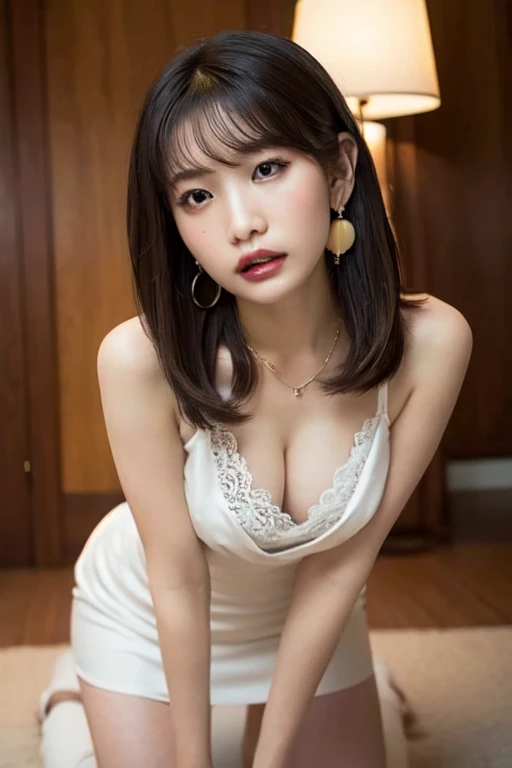 nsfw, body、Full body Esbian、Get on all fours、Lift your hips up、Western-style building, 1 female, Beautiful Japanese actresses, Age 25, Double Eyes,mile, Detailed face, Big earrings，Large Necklace, Flashy makeup using red eyeshadow，light brown delicate middle cut hair，the tips of the hair are wavy，Classy hairstyle，fine grain,Slender actress, Sexy silk embroidered mermaid dress:1.2, Small hips, Lace panties, BREAK ceremony,((Masturbating violently, ディルドをInsert:1.5)), ((Random sexy poses、Insert、Deep pleasure, Ecstatic eyes:1.2)), ((I close my eyes and gasp hard:1.2))、Ecstatic face、Climax expression, Grit your teeth、My whole body is convulsing、Official Art，Highly detailed CG Unity 8k wallpaper, (masterpiece:1.0),(highest quality:1.0), photo shoot, 8k, Browsing Caution, High resolution, Kodak Portrait 400, Film Grain, Lens flare brilliance, View Viewer, (upper body:1.3), (leaning forward:1.6), (very low camera angle:1.6), Photographing the buttocks