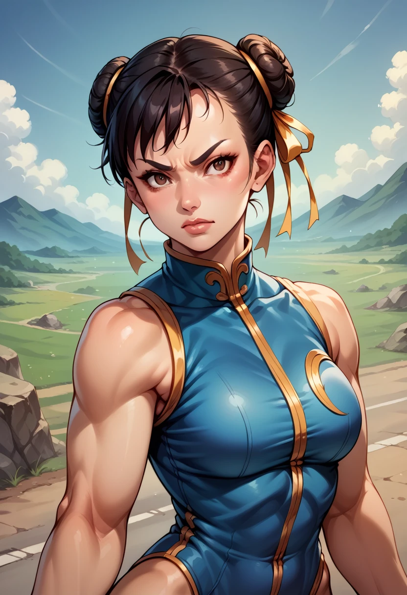 score_9, score_8_superior, score_7_superior, break, score_9, One girl, Chunli (\street fighter)\, Black Hair, Brown eyes, makesuperior, eyelash, short hair, chest, View your viewers, Fist in hand, lips, alpha_Costumes, Blue bodysuit, Blue leotard, Blue Vest, No sleeve, Cowboy Shot, landscape, street