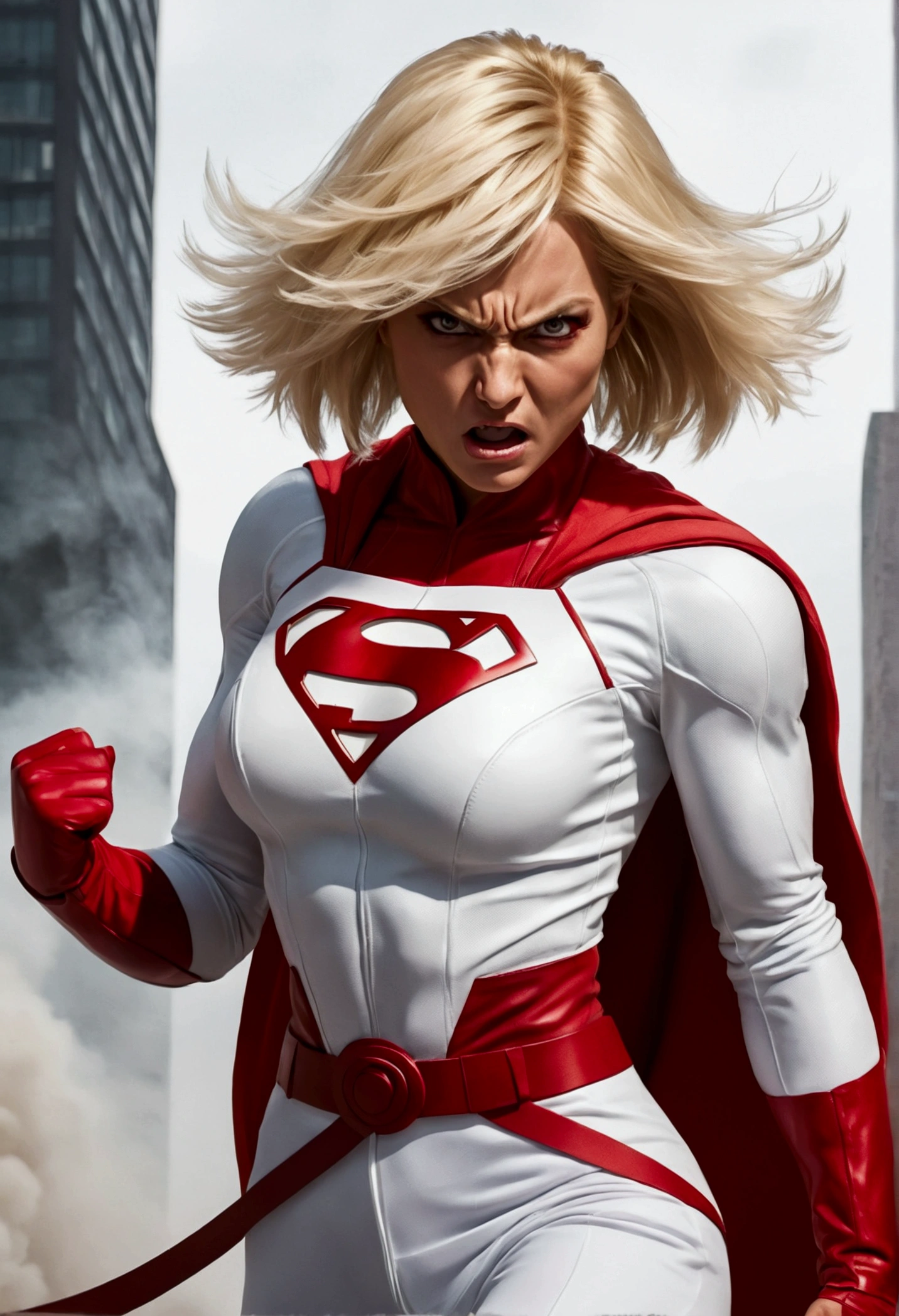 Female super hero with blonde bob cut, going insane, angry, going berserk, muscular, wearing white and red outfit