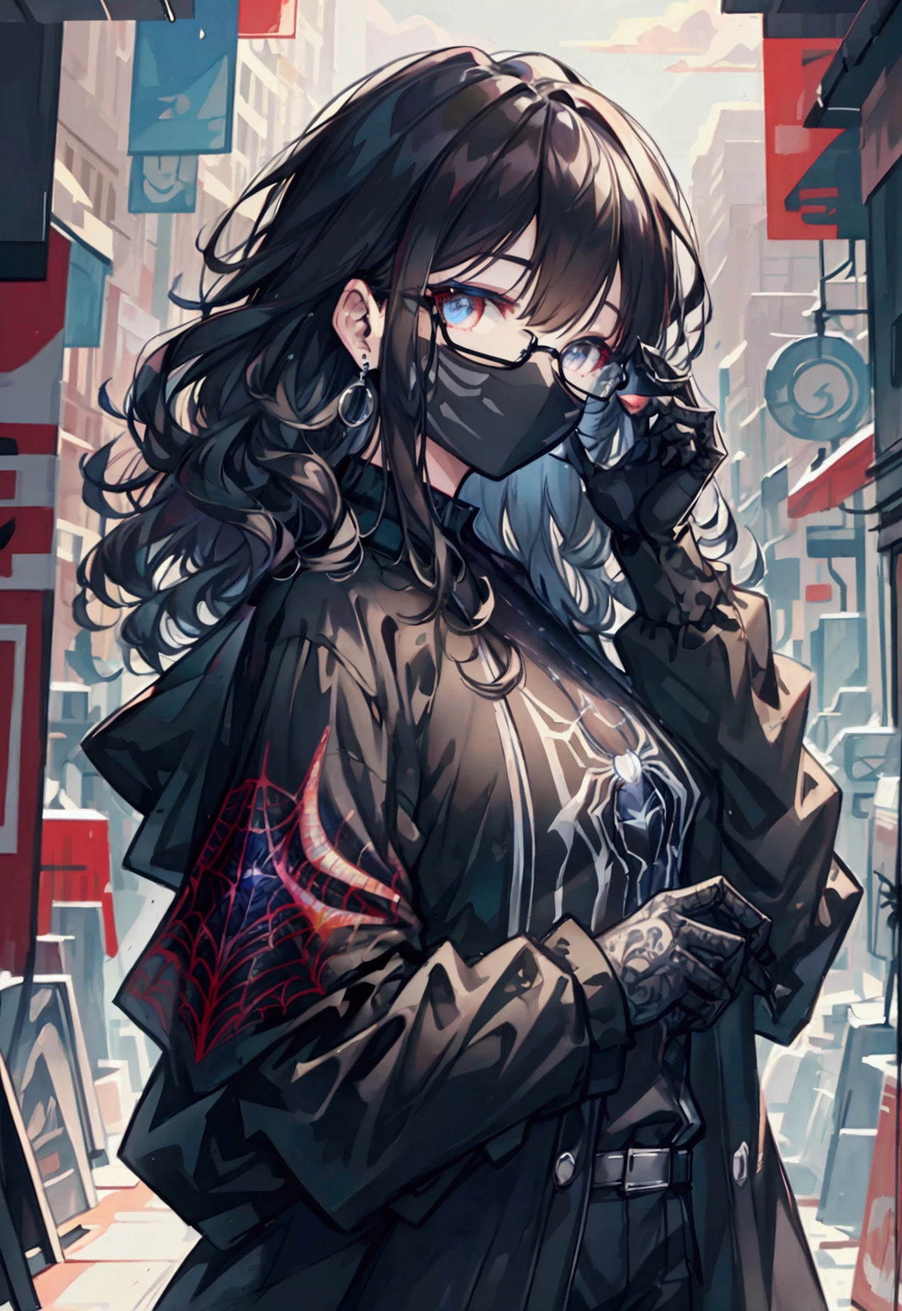 spider suit, spider web print, spider web, spider-man, Masterpiece, absurd, fine details, HDR, ((highly detailed face and eyes)), photorealistic,, focus on the eyes,, standing on the roof of a skyscraper, ((without mask)), looking at the viewer, smiling, black hair, boy focus, big hair, curly hair, round glasses, earrings, , background of New York buildings,