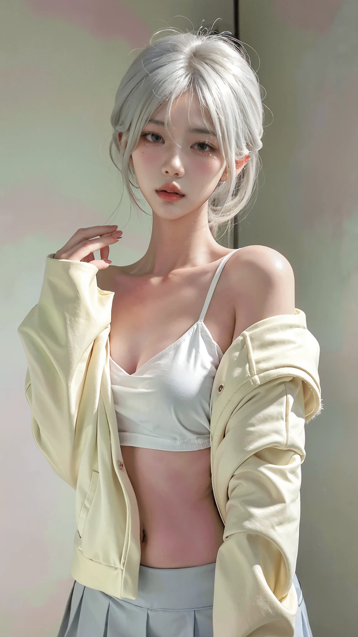 Beautiful woman with perfect figure:1.4，Ultra-high resolution，White background，（lifelike：1.4），Layered Hairstyle，White skin，Bikini:1.5，Super short pleated skirt，whole body，Very delicate face and skin texture，Double eyelids，Skin Whitening，short hair，White hair