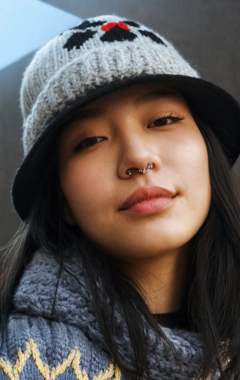 a close up of a woman wearing a hat and a sweater, septum piercing, nose piercing, nose ring, facial piercings, face piercings, with no facial features, wearing a chocker and cute hat, profile pic, small lips pointy nose, close - up face, close up face, gemma chen, chilled out smirk on face