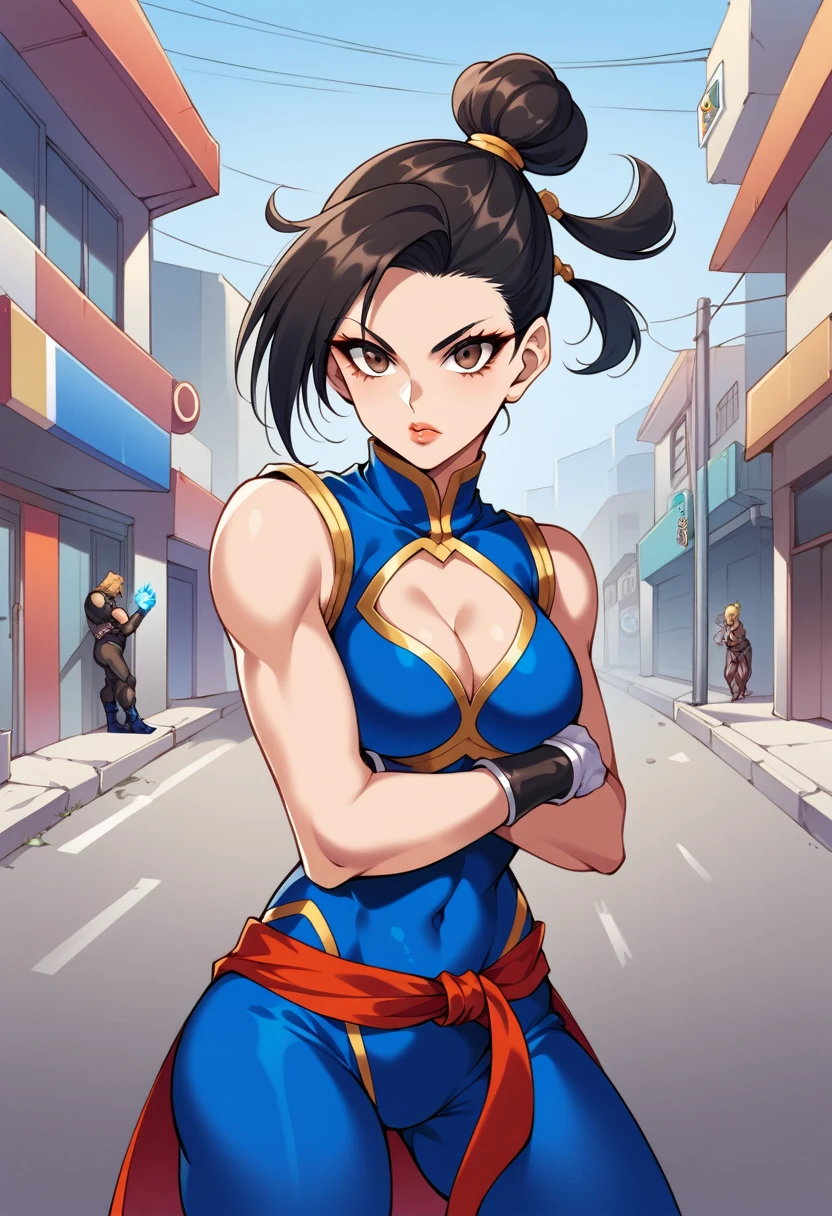 score_9, score_8_superior, score_7_superior, break, score_9, One girl, Chunli (\street fighter)\, Black Hair, Brown eyes, makesuperior, eyelash, short hair, chest, View your viewers, Fist in hand, lips, alpha_Costumes, Blue bodysuit, Blue leotard, Blue Vest, No sleeve, Cowboy Shot, landscape, street