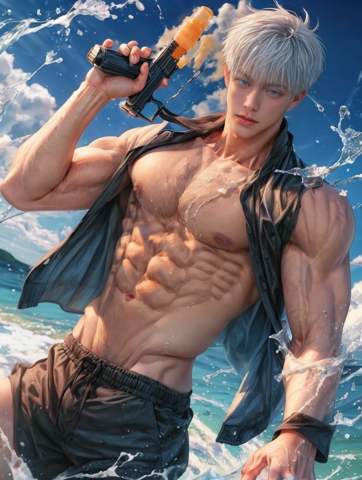 1boy, adult, handsome, perfect face, detailed eyes and face, clean shaved, muscular, capturing a rural atmosphere, dynamic lighting, unreal engine 5, hd picture, satoru gojo, white hair, short hair ,hair between eyes ,blue eyes, white skin, pink , milk nipplels, water splash detail, hold a water gun