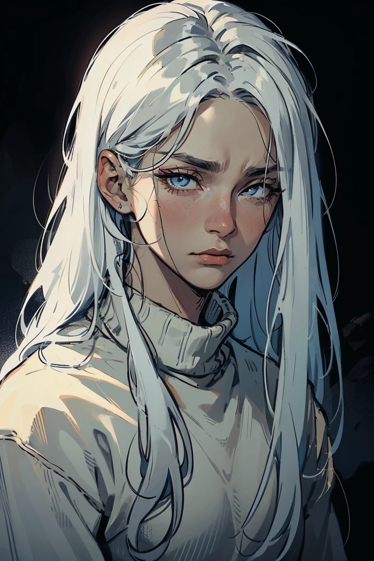 ((1 boy)), detaile close portrait, (long straight white hair), loose hair, (Hair closes the eyes), big Blue eyes, long eyelashes, beautiful detailed eyes, modest, quiet, lonely, An anxious look, upset, black soft sweater, soft light, beautiful detailed face, 8K, masterpiece, dark background, details on the background
