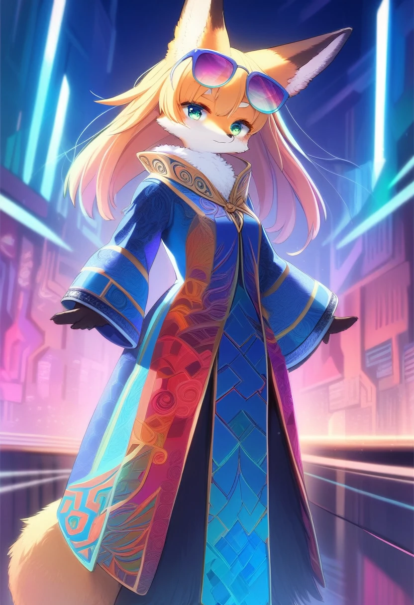 ((Masterpiece)), ((Best Quality)), (Very Detailed), ((Very Detailed)), 4K, (8K), very aesthetic, absurdres highres, 1 girl, (anthropomorphic fox, furry, kemono:1.5), A towering model with an air of confidence, showcasing an avant-garde fur coat adorned with intricate, cutting-edge designs. She wears vibrant, colorful sunglasses that catch the light from the dramatic runway illumination. The scene is set in a surreal, futuristic atmosphere, with vivid colors and eccentric fashion elements creating a striking visual impact.