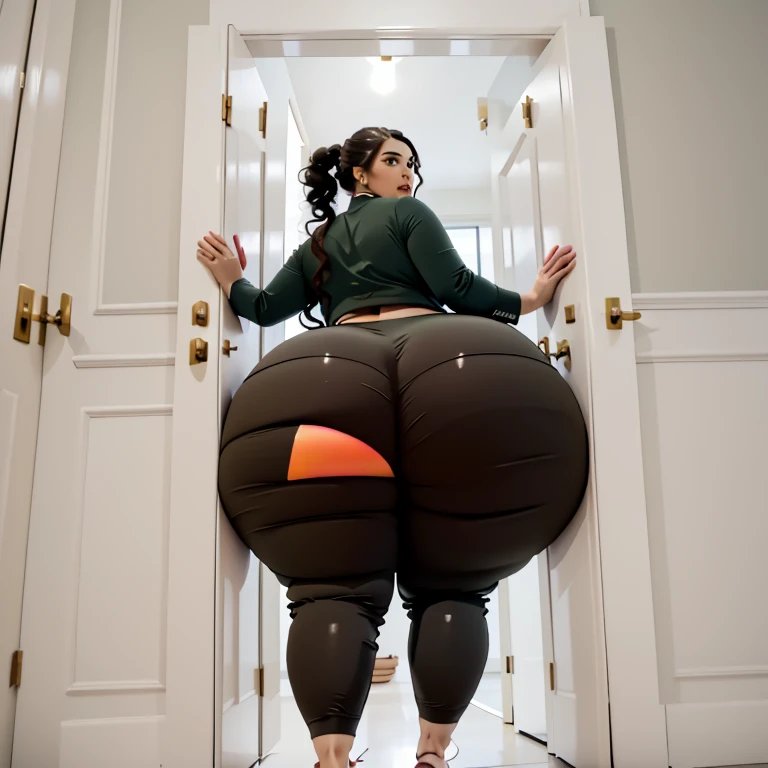 masterpiece, 1girl behind a doorway, from behind, (doorstuck, stuckback:1.3), ssbbw ,huge wide hips, round belly, thick thighs, giant butt,colorful clothing, wearing a olive green suit and tie and formal pants, upset, desperately trying to wiggle through, she tries to free herself but she won't budge, she is stuck tight view from behind, she is too wide, the doorway is quite narrow too, she kicks her legs furiously, trying to wiggle her hips through the small door, but its no good, the door is too small, she keeps trying to squeeze through with frustration, she is stuck too tight