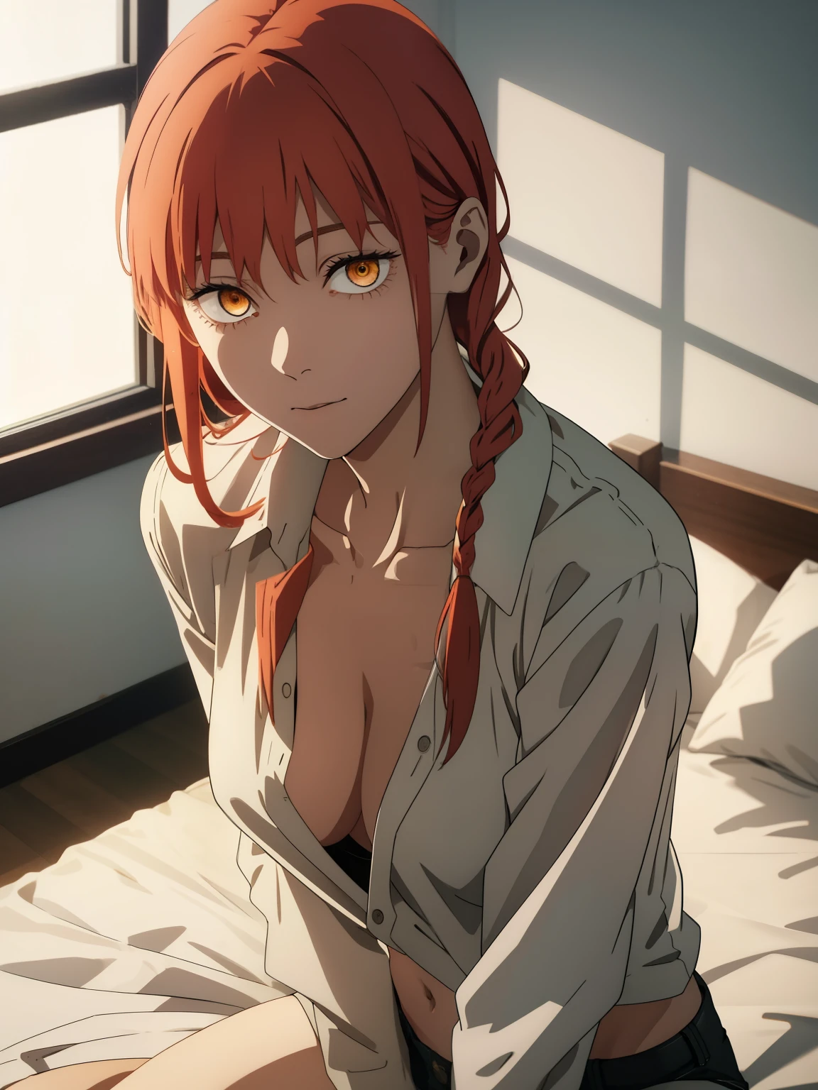 hand \(Chainsaw Man\),, One Girl, only, sit, Redhead, Long braided hair, Golden Eyes,(( show off breast )), Mid-chest, full open white shirt, perfect navel, Perfect collarbone, (White panties:1.5), (just:1.2), look up , (close:1.3), , Upper Body, Highest quality, Glowing Skin, Highest quality, High resolution, , bed