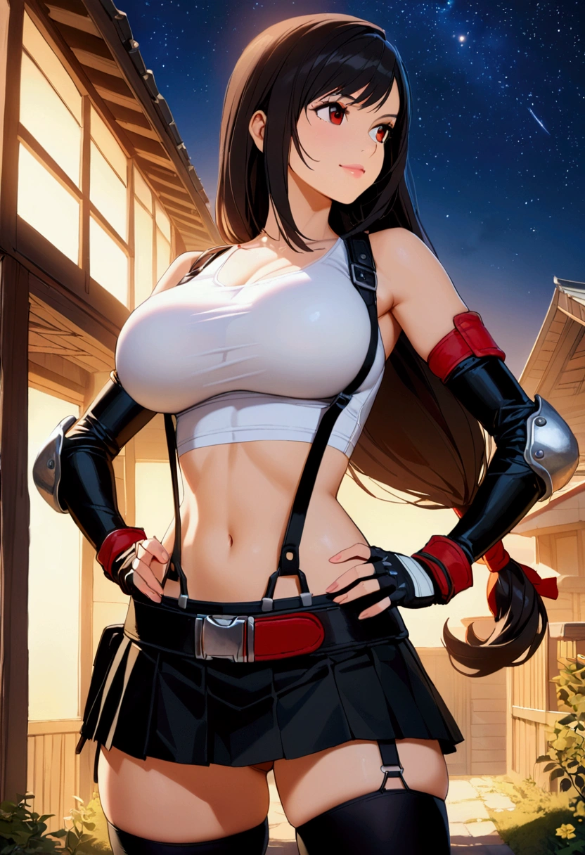 score_9,score_8_up,score_7_up,BREAK source_anime, masterpiece, best quality, (recent), perfect anatomy, very aesthetic,anime style,highres,photorealistic,　mediumshot,Solo,1girl, tifa lockhart, final fantasy,black hair, low-tied long hair, red eyes, bangs, (white tank top,gap),High exposure，the ribs,lips,,(belt, pleated skirt, thighhighs, elbow fingerless gloves, elbow pads, midriff, navel,suspenders.skirt),beautiful waist ,(large_breast:1.3),light smile,,,outdoor,star sky,night, hands on own hip,skin tight, looking away, depth of field、beautifully lit,great lighting　　