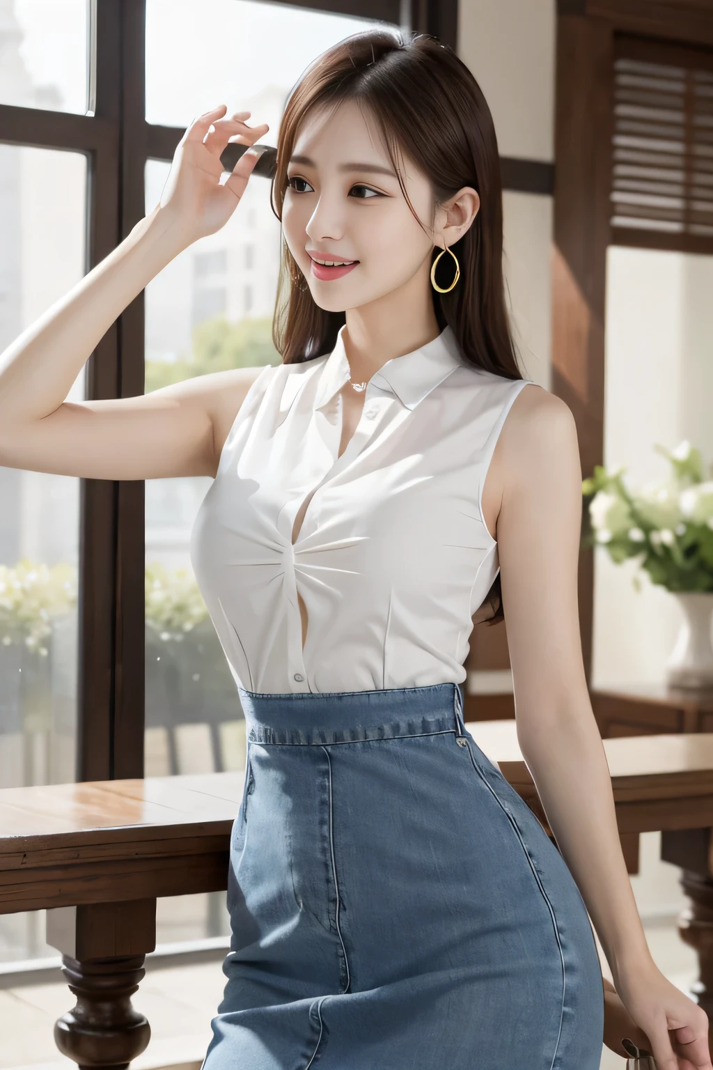 masterpiece, Highest quality, Realistic, Very detailed, Finer details, High resolution, 8k wallpaper, A photo showing the crotch to the head、One beautiful woman, Wear a tight shirt, Tight long skirt、Shapely big ass, Side Shot, Turning around and laughing、Beautiful double eyelids、Big earrings、Standard chest、Sleeveless shirt、