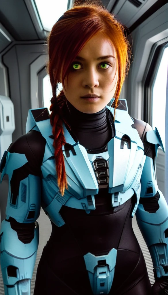 1 Girl、((glowing eyes, red eyes)), Medium Bust、solo、red Hair、Braid、Mobile Race Suit、Shoulder Armor、ceiling、Wide Shot、Looking Ahead、zipup suit 、Closed Mouth、Highest quality、medium quality、22 years old、Mobile Trace System、cockpit、Asian、CyborgCosplay RosamundPikeSDXL
