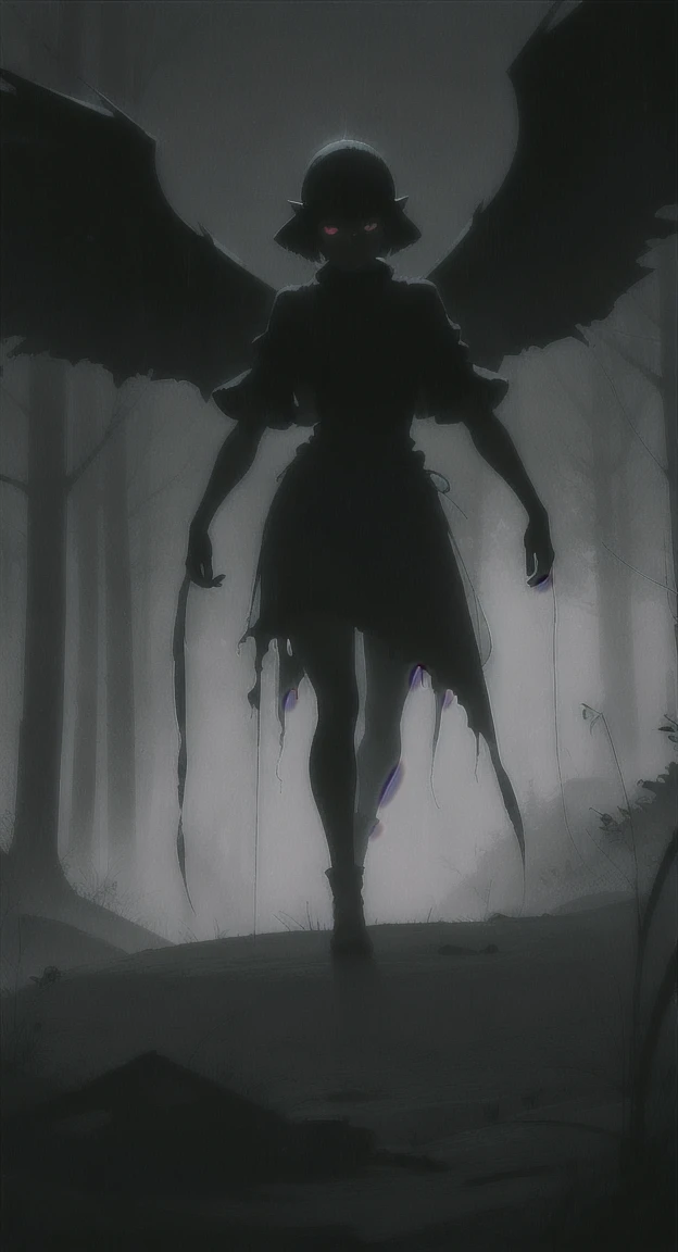 Foggy Forest, demonic silhouette, Sheikah shadow figure, red eyes, eyes in the fog, rotting, looking dead, torn wings,