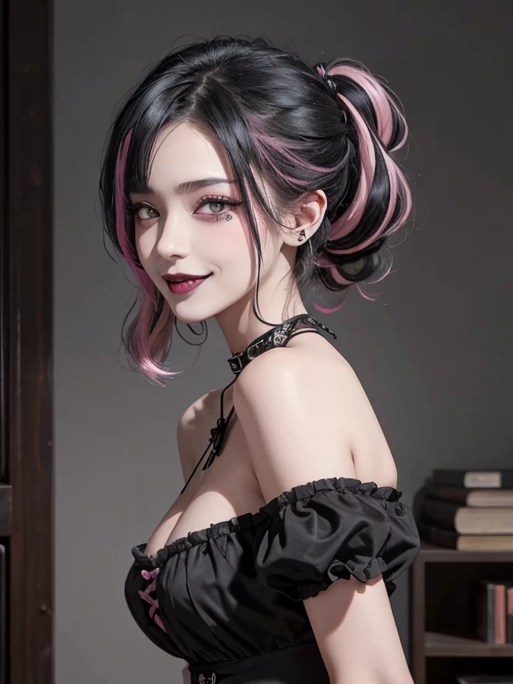 (1 girl, Gothic), 1 girl, breasts, punk hairstyle, Smug, grin, indoors, black lips, black hair with pink streaks