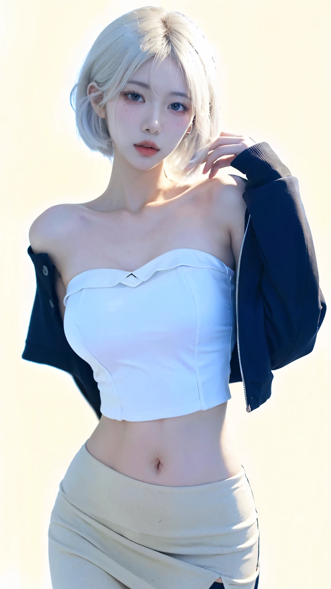 Blue delicate eyes,, blush，Yellow short hair，Perfect body proportions，Exposing chest，Kneeling on the ground，Black ripped socks，Short skirt，Black ripped long sleeves，Blue short coat，Center the character，The background is white