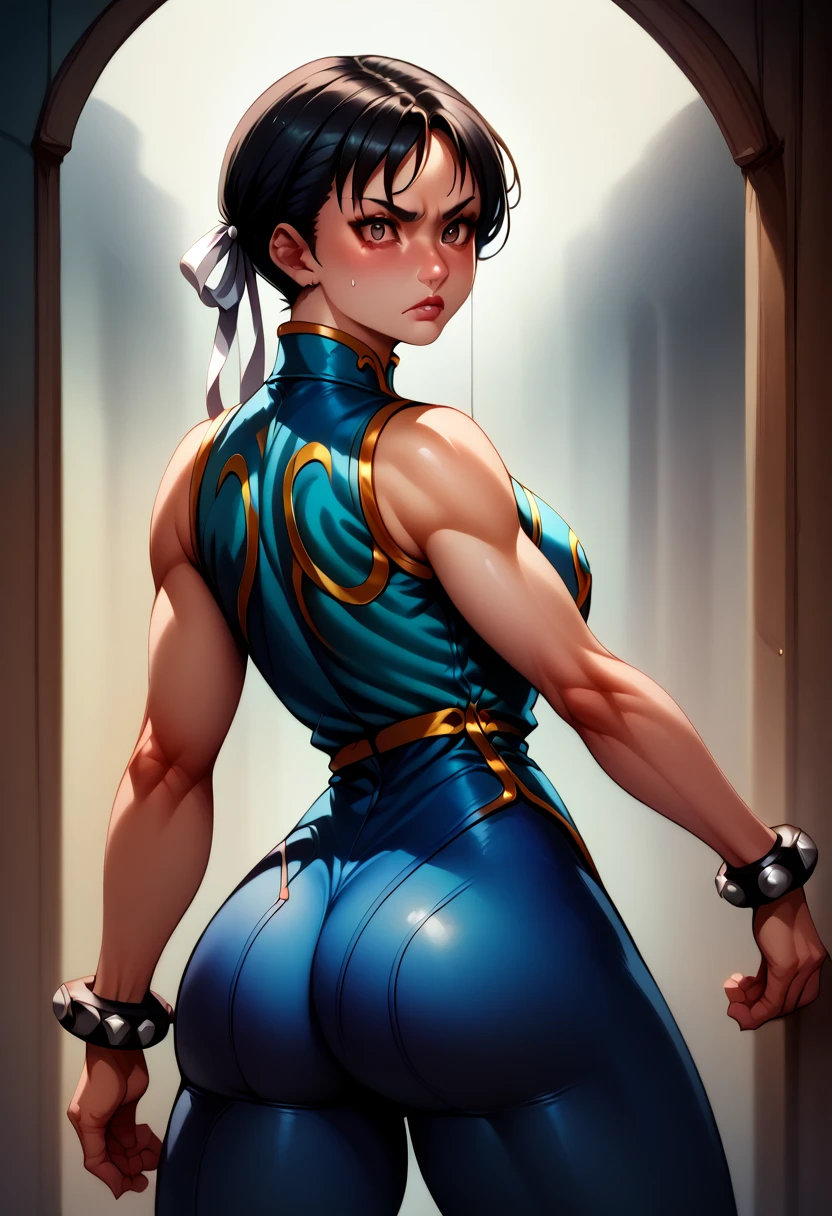 score_9, score_8_superior, score_7_superior, break, score_9, One girl, Chunli (\Street Fighter)\, Black Hair, Brown eyes, makesuperior, eyelash, short hair, chest, View your viewers, Standing pose, lips, alpha_Costumes, Blue bodysuit, Blue leotard, Blue Vest, No sleeve, Cowboy Shot, Butt, From behind,