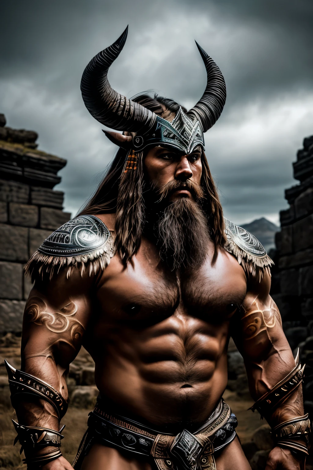 Photo of a powerful warrior in Uruz culture, majestic warrior, fierce and intense gaze, intricate body paint, massive musculature, horned helmet, thick beard, dramatic landscape, ancient ruins, high contrast, RAW style, photorealistic, ultra-detailed, cinematic light, sidelighting, grainy texture, deep shadow, hyperdetailed, low contrast, epic scale.