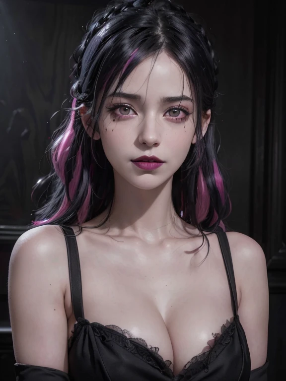 1 girl, goth, breasts, punk hairstyle, smug, grin, indoors, black lips, black hair with pink streaks, (best quality,4k,8k,highres,masterpiece:1.2),ultra-detailed,(realistic,photorealistic,photo-realistic:1.37),dark fantasy, chiaroscuro lighting, dramatic shadows, moody atmosphere, detailed facial features, beautiful eyes