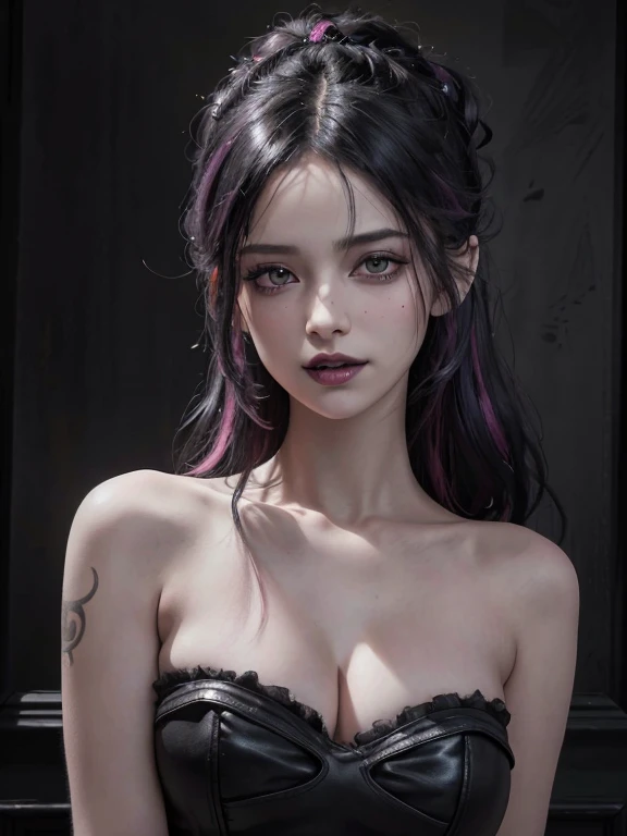 1 girl, goth, breasts, punk hairstyle, smug, grin, indoors, black lips, black hair with pink streaks, (best quality,4k,8k,highres,masterpiece:1.2),ultra-detailed,(realistic,photorealistic,photo-realistic:1.37),dark fantasy, chiaroscuro lighting, dramatic shadows, moody atmosphere, detailed facial features, beautiful eyes