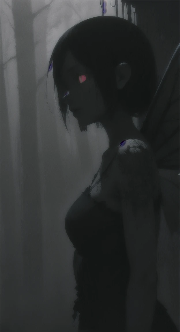 Foggy Forest, demonic silhouette, fairy shadow figure, red eyes, eyes in the fog, rotting, looking dead, torn wings,