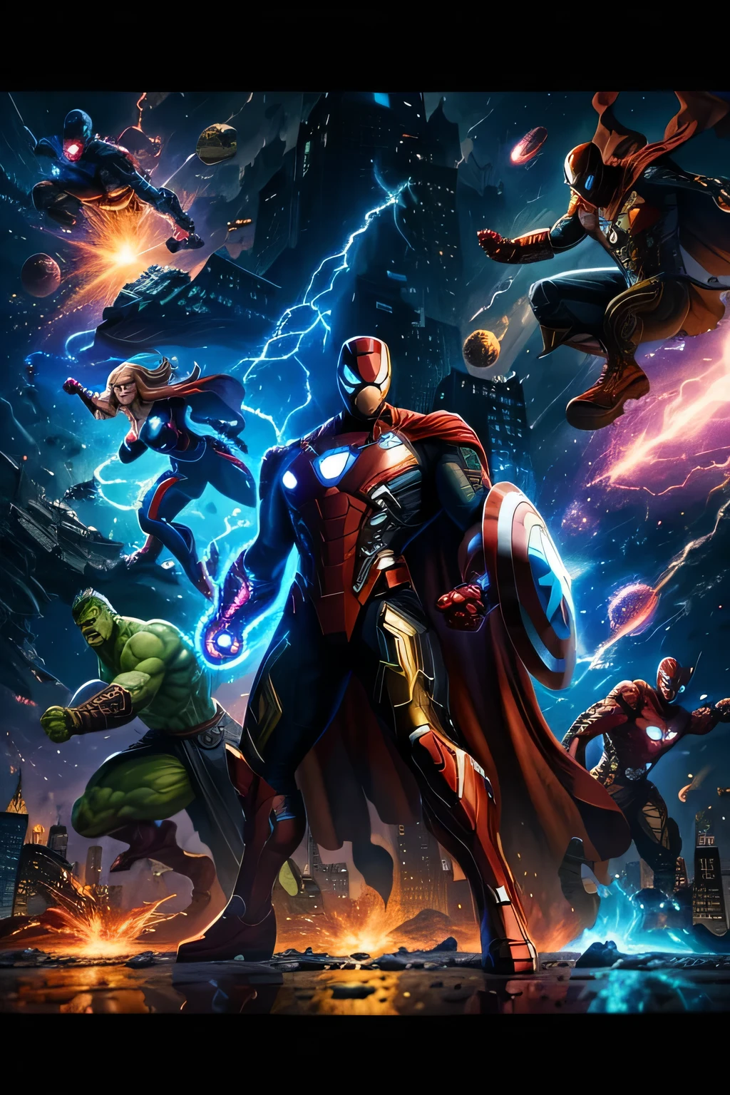 Marvel Multiverse Collage, Epic, Vibrant, Composite, Iconic Characters, Avengers Assemble, Spiderman, Iron Man, Captain America, Thor, Hulk, Black Widow, Guardians of the Galaxy, Mix of Scenes, New York City, Asgard, Space, Battle Scene, Background of Earth, Cosmic Landscape, Detailed Costumes, Metallic Armor, Colorful Capes, Shattered Glass Effects, Dynamic Poses, Mid-shot, Superheroes Mid-air, Explosions, Smoke, Lightning, Energy Blasts, Variety of Settings, Intricate Details, High-Quality, Episode-