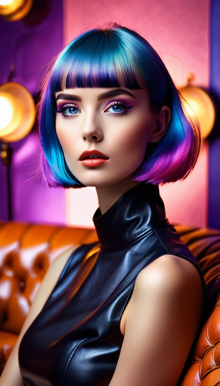(robot), fullbody, (Fashion Model), pov, straight-on, Under the lighting of the studio, a delicate portrait of a woman stands out in front of me. She has dreamy and colorful hair, agile and profound eyes, sitting on a retro style leather sofa surrounded by carefully arranged props and background cloth. Her face is elegant and three-dimensional, her figure is natural, and her eyes look into the distance, full of artistic and mysterious feelings, as if it is a profound interpretation of beauty, life, and soul,photography studio, female portrait, colorful hair, vivid eyes, retro style, leather sofa, props, background cloth, purple, blue, orange, pink, gold, silky, flexible, iris, lashes, curved, lips, red, full, upturned corners, nose, bridge, elegant, natural, gaze, distant, artistic, mysterious, beauty, life, soul