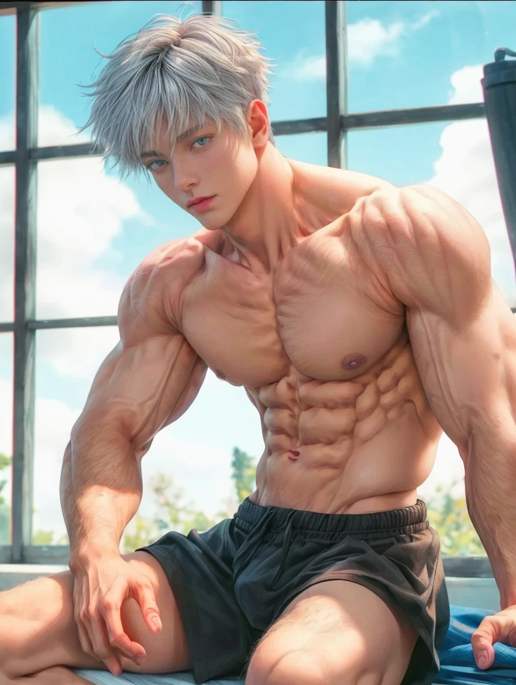 1boy, adult, handsome, perfect face, detailed eyes and face, clean shaved, muscular, capturing a rural atmosphere, dynamic lighting, unreal engine 5, hd picture, satoru gojo, white hair, short hair ,hair between eyes ,blue eyes, white skin, pink nipple, milk nipple details