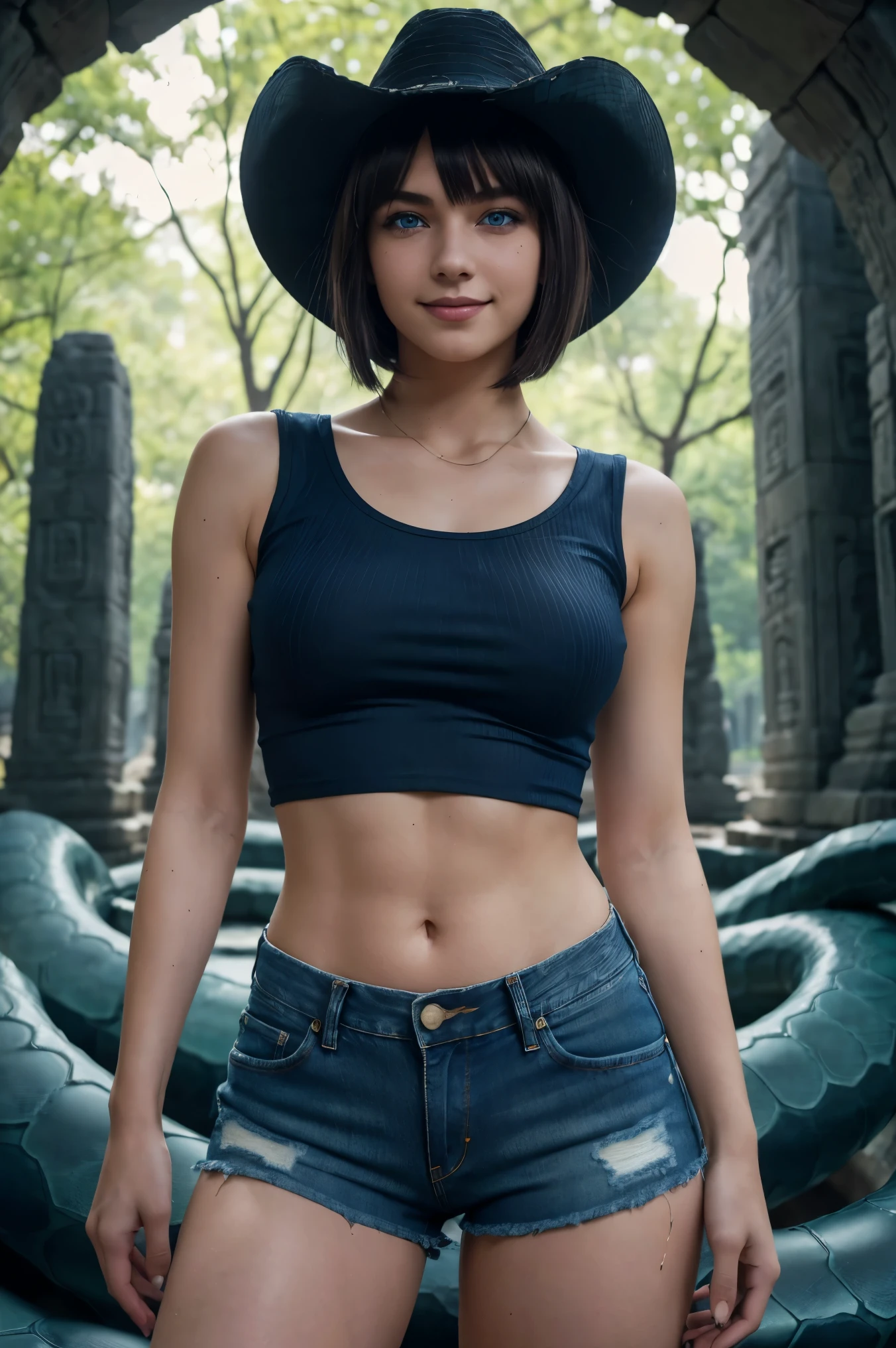 (best quality, masterpiece, ultra high resolution), (8k wallpaper, high-definition, HDR, RAW, Cinematic lighting), (hyperrealistic), (authenticity: 1.4), (Cowboy shot), 1girl, ((16 year old girl)), ((Dyed alternative haircut)), ((Pretty American girl)), ((Pretty face)), ((Tight clothes)), ((Blue Eyes)), ((Pale skin)), amazing slim body, thick legs, thick thighs, big ass, wide hips, flat tummy, ((perfect hands)), ((Posing)), ((Gothic t-shirt)), ((Denim shorts)), ((View at viewer)), ((Smile)), (((In a stone temple surrounded by anacondas))), natural illumination, dark illumination, dark tones, contrast