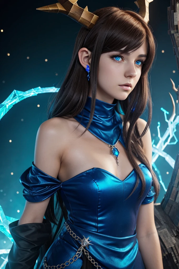 A 24 year old woman, Short shoulder-length brown hair with royal blue tips, brown left eye and bright blue right eye, very pale, half of the face scarred black with blue, black and blue magician clothing, bright blue antlers with crystal pendants, pointy ears and a dragon tail at his side Herobrine anime style minecraft character