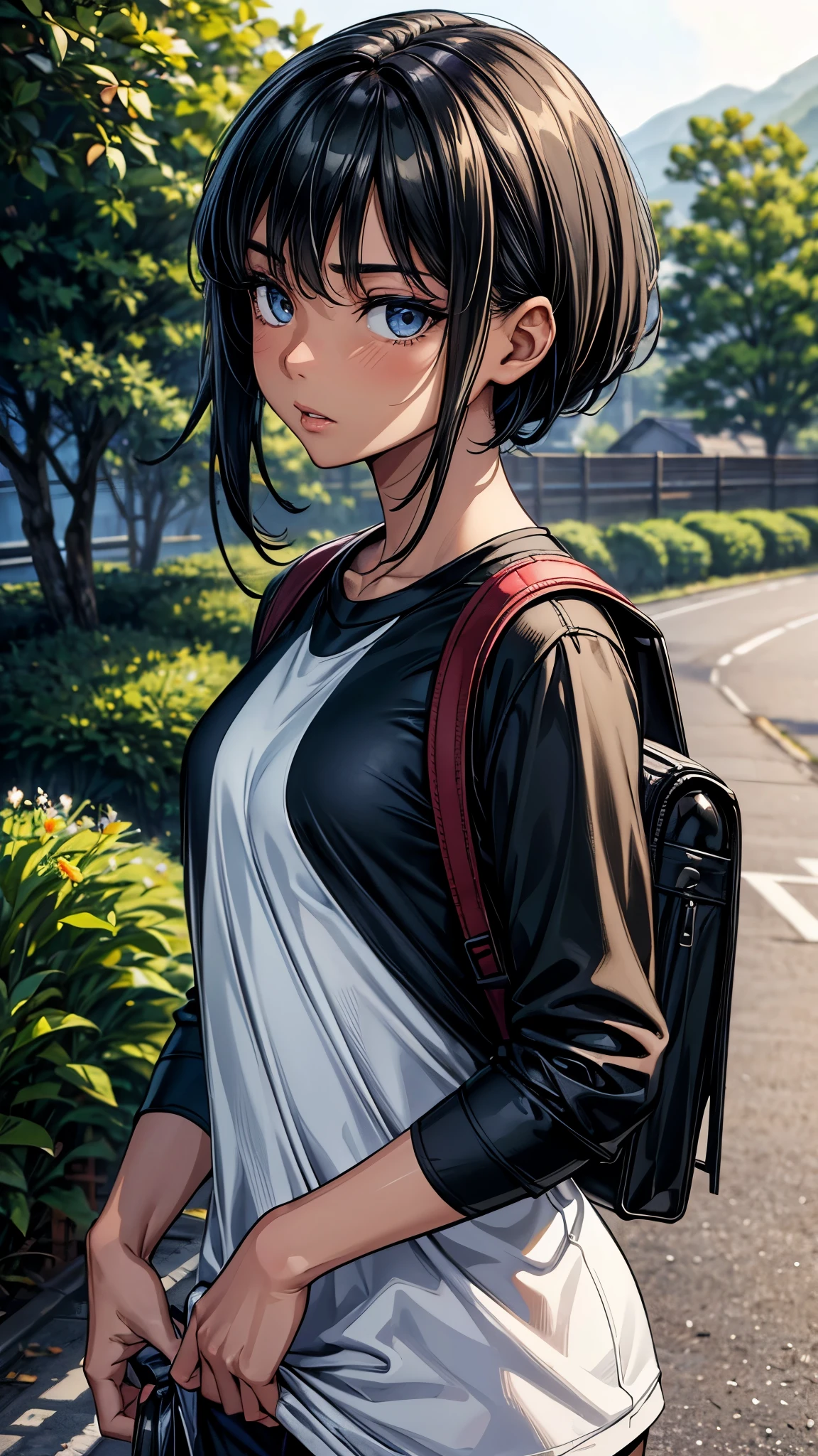 ((look away2.0)),((face close up)),beautiful detailed eyes, beautiful detailed lips, extremely detailed eyes and face, longeyelashes, 1 Japanese girl, outside the countryside,,((dark skin color2.0)), (very short black hair),displeased,casual ((dark blue Parker)),((sports casual,oversized tops,Five quarter spandex,)),white sneaker, rucksack, walk the countryside,best quality, 4k, 8k, highres, masterpiece:1.2, ultra-detailed, realistic, photorealistic, photo-realistic:1.37, HDR, UHD, studio lighting, ultra-fine painting, sharp focus, physically-based rendering, extreme detail description, professional, vivid colors, bokeh, portraits