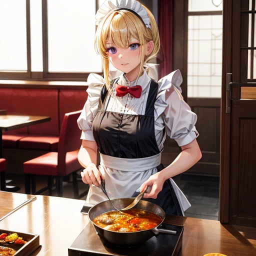 A woman in a maid outfit making curry at a curry restaurant Blonde