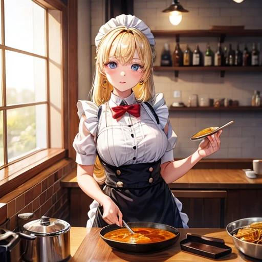 A woman in a maid outfit making curry at a curry restaurant Blonde