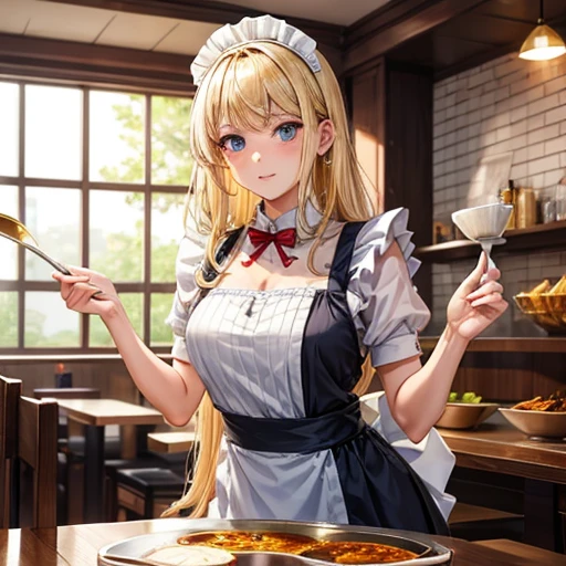 A woman in a maid outfit making curry at a curry restaurant Blonde