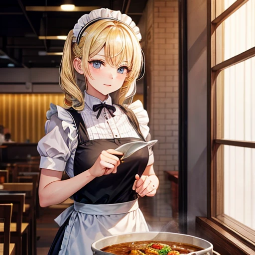 A woman in a maid outfit making curry at a curry restaurant　Blonde
